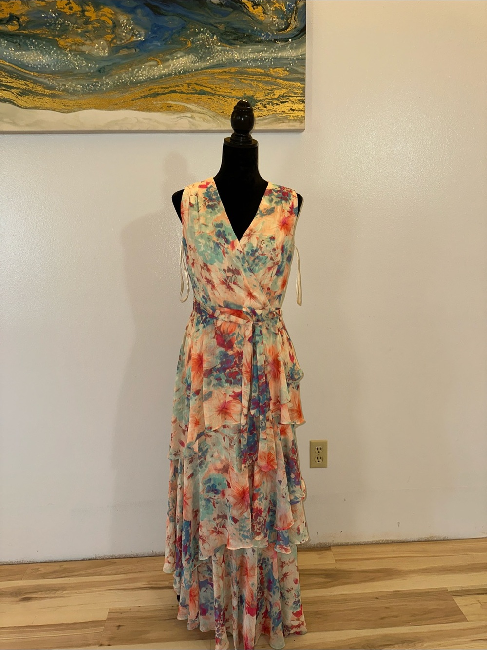 Tahari Floral Tiered Wrap Maxi Dress in Pastel Blue, Coral, Cream